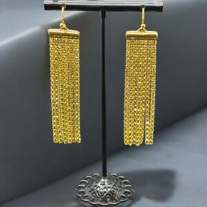 Handmade Gold Tone Rhinestone Chain Fringe Drop Sparkling Earrings